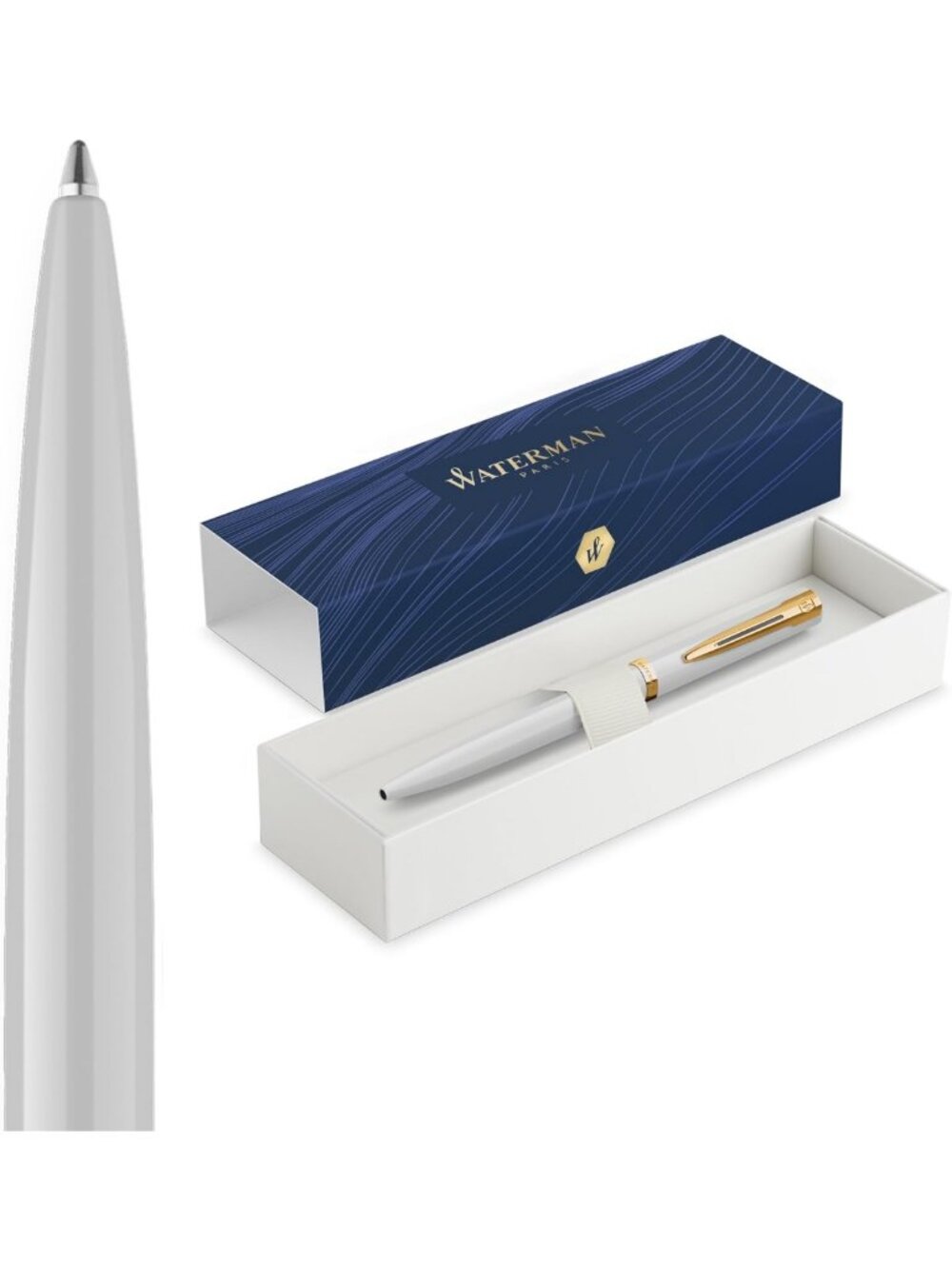 Elegant White Lacquer Ballpoint Pen with Gold Trim | Medium Tip Blue Ink | Gift